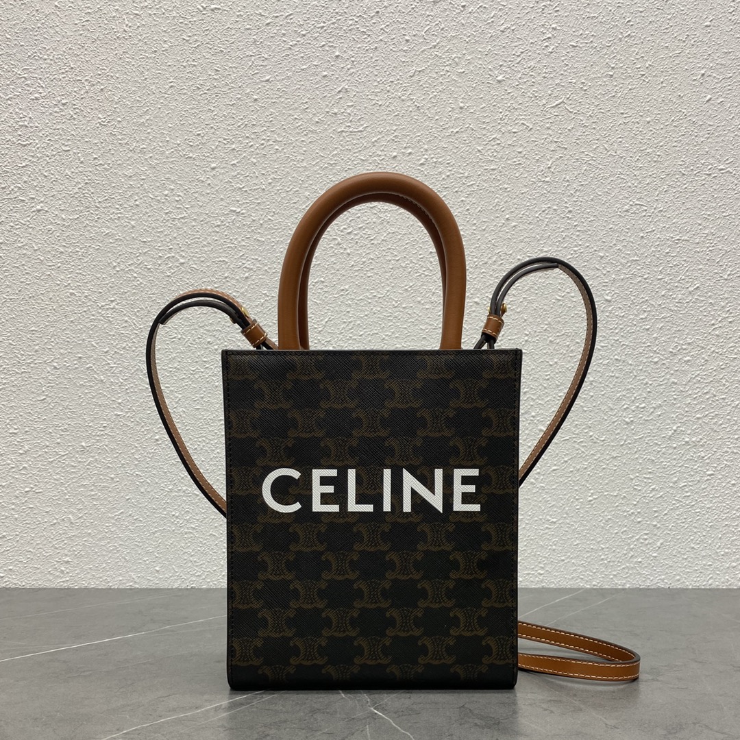 Celine Mini Vertical Cabas In Triomphe Canvas And Calfskin With Celine Print Tan 193302